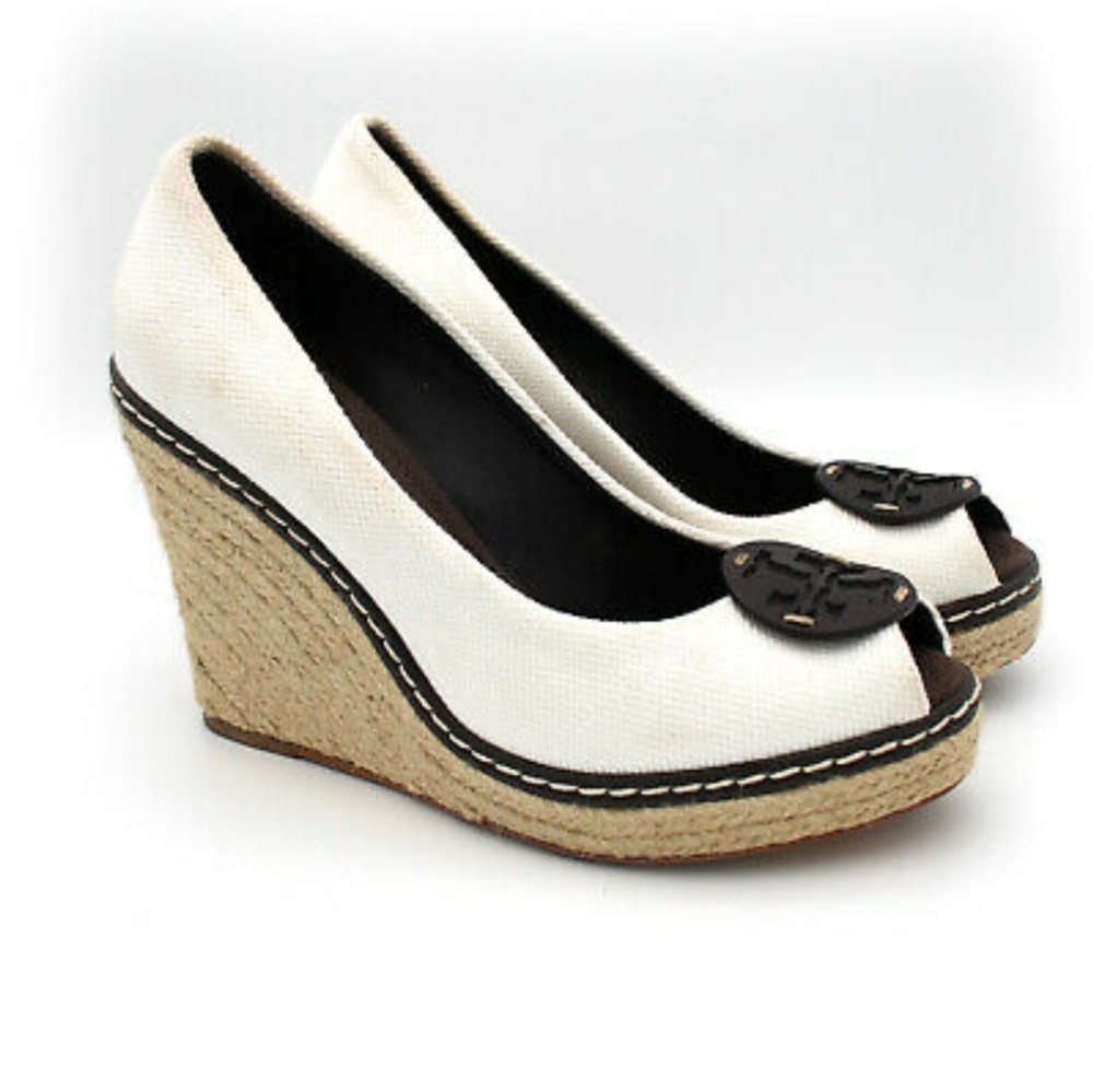 Tory Burch Cerise Peep Toe Fabric Canvas Espadrilles Wedges
